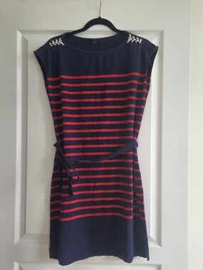 Tommy Hilfiger Nautical Navy Red Striped Belted Midi Dress | Size M